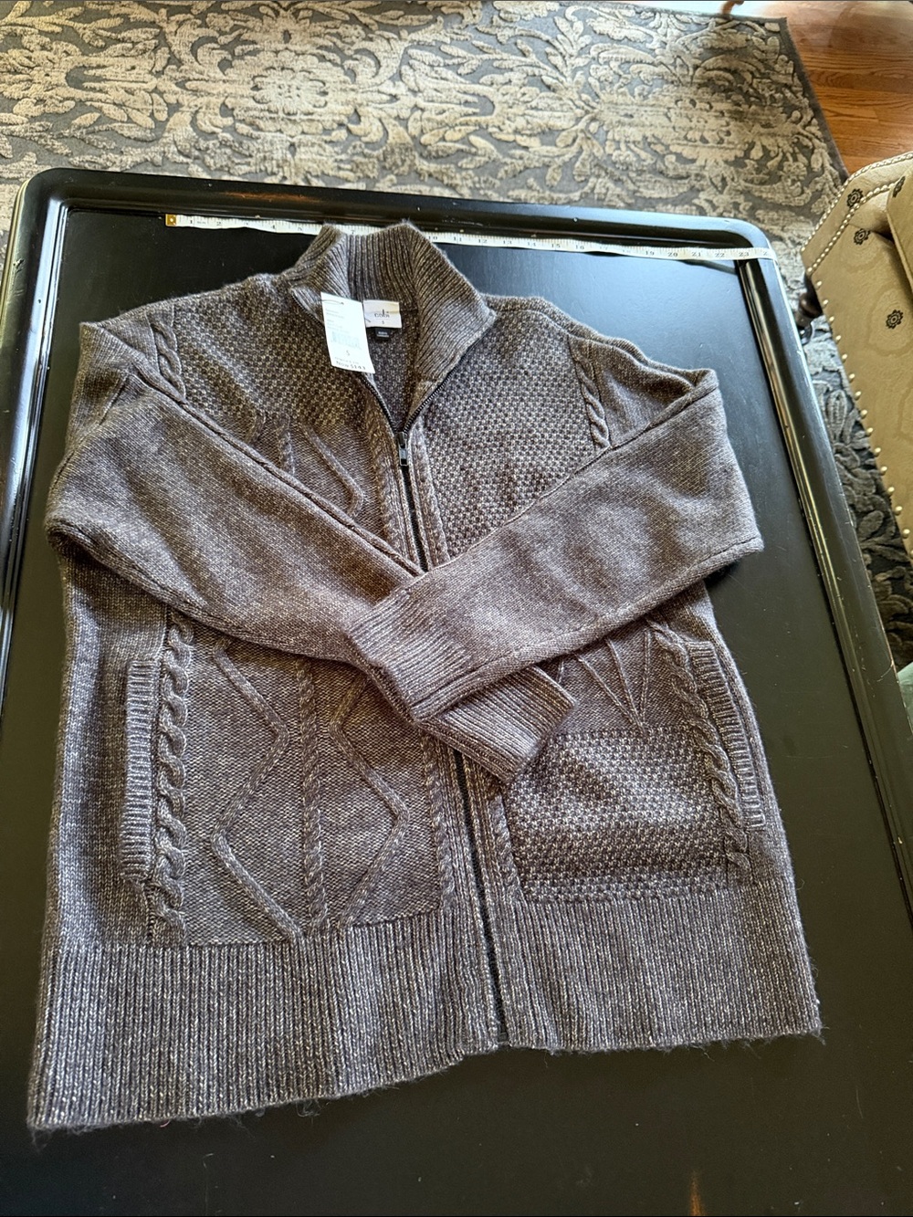 CAbi Zip cardi Brown Full-Zip Cable & Textured Knit Sweater